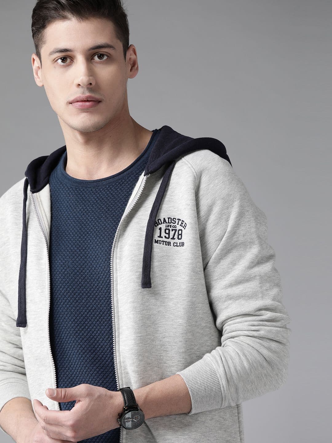 Roadster Men Grey Melange Solid Hooded Sweatshirt - view 1