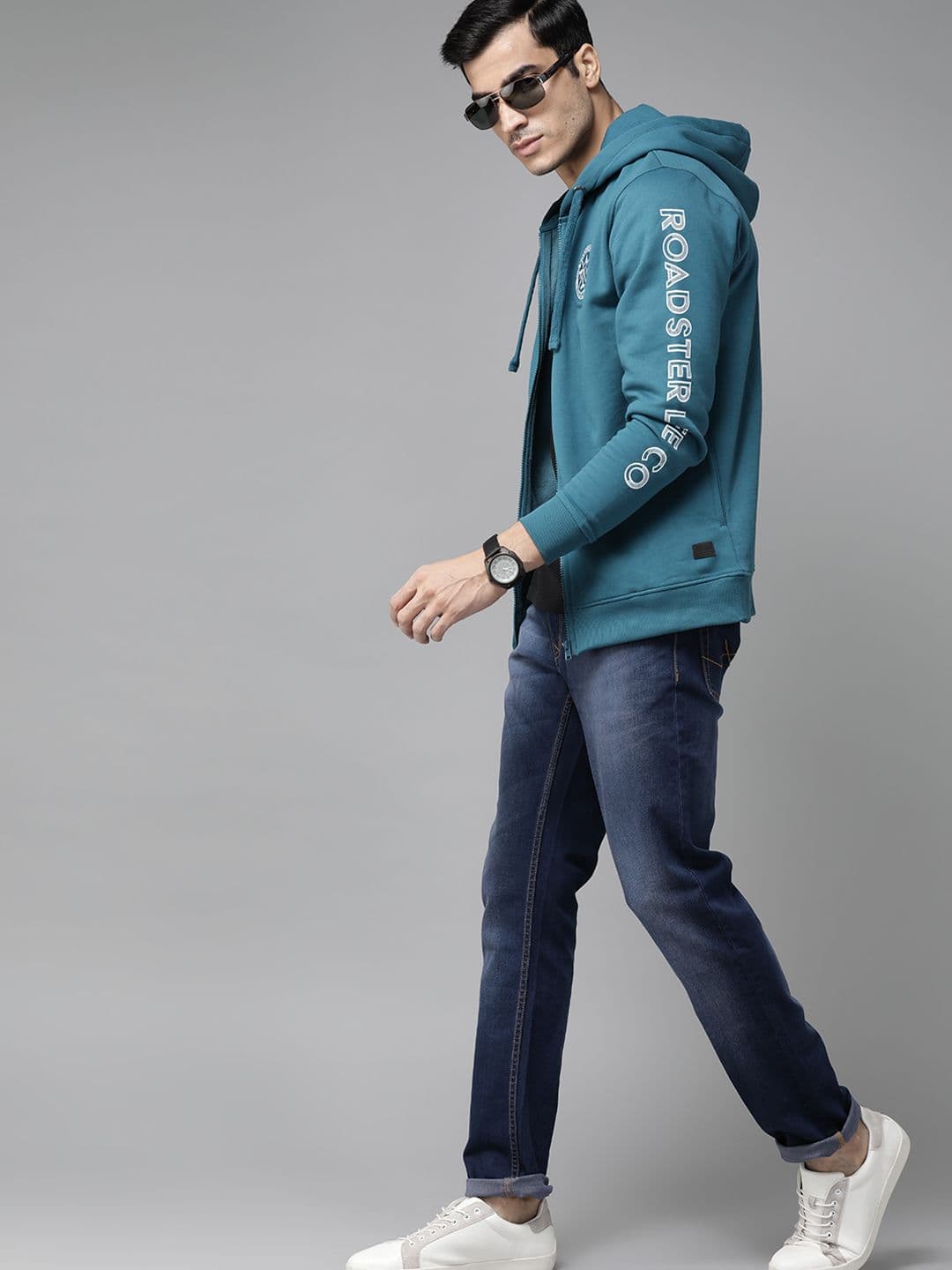 Roadster Men Teal Blue Solid Hooded Sweatshirt - view 1