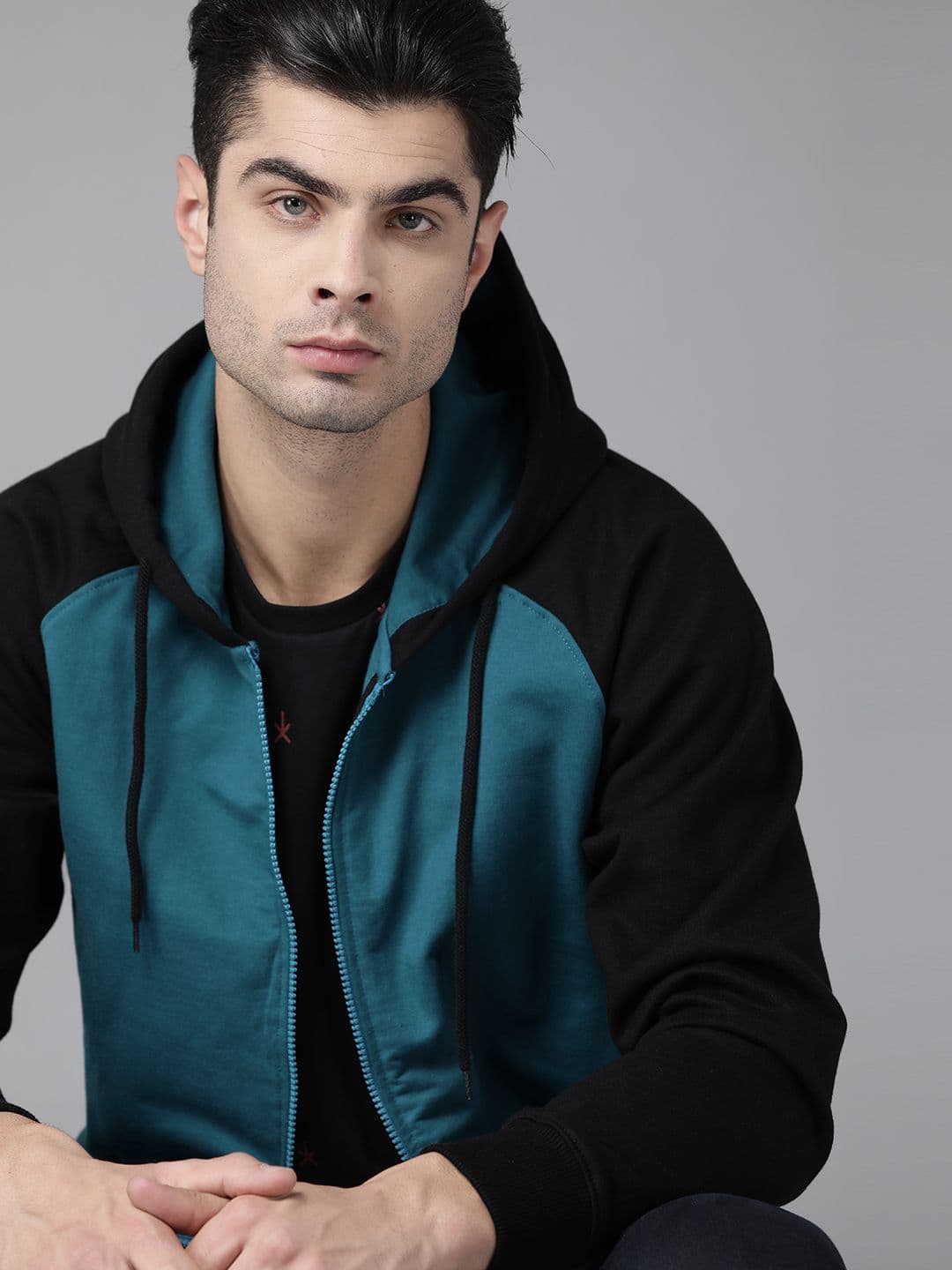 Roadster Men Teal Blue & Black Solid Hooded Sweatshirt - view 1