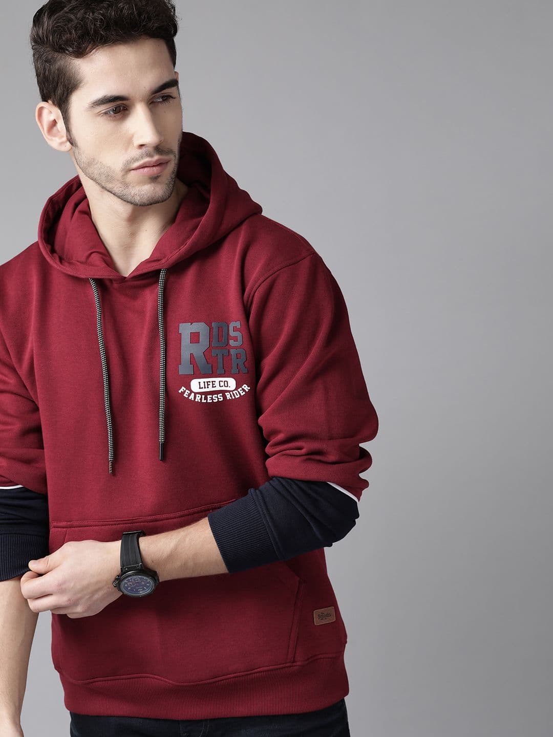 Roadster Men Maroon Solid Hooded Sweatshirt with Printed Detail - view 1