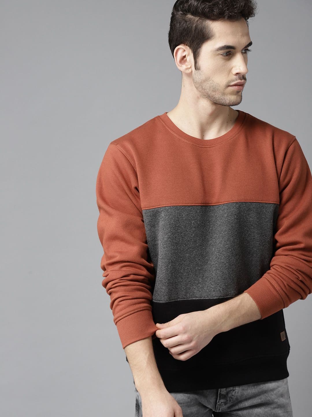 Roadster Men Rust Orange & Charcoal Grey Colourblocked Sweatshirt - view 1