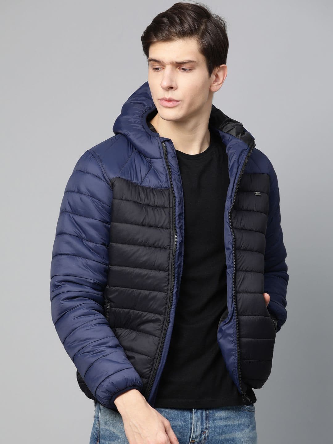 Roadster Men Navy Blue & Black Hooded Colourblocked Padded Jacket - view 1