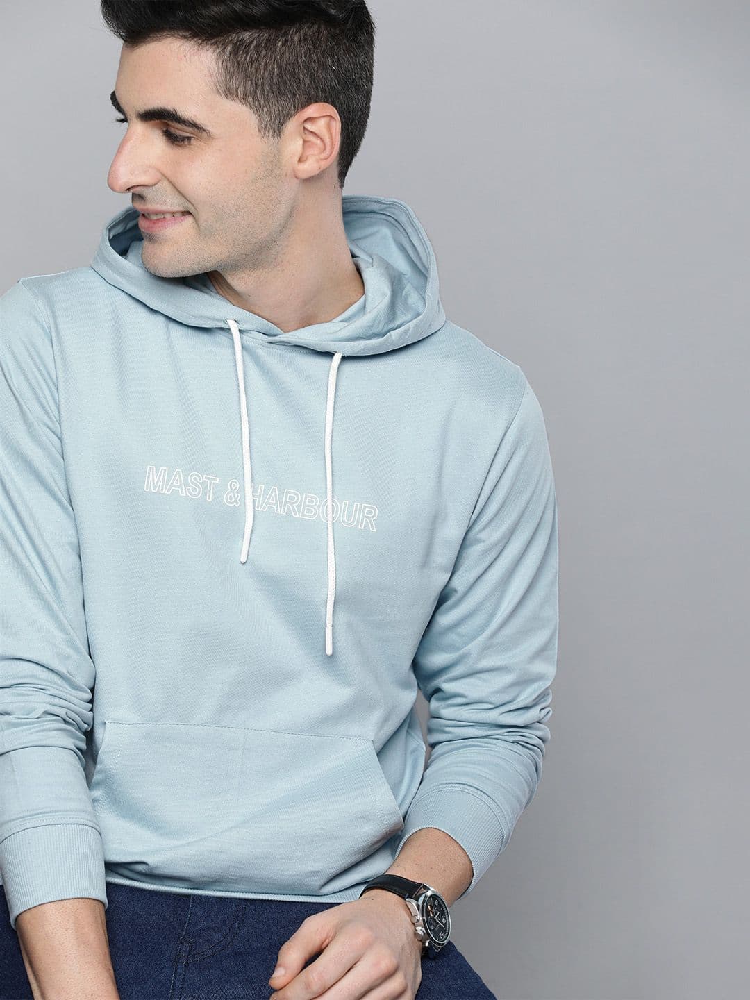 Mast & Harbour Men Blue Printed Hooded Sweatshirt - view 1