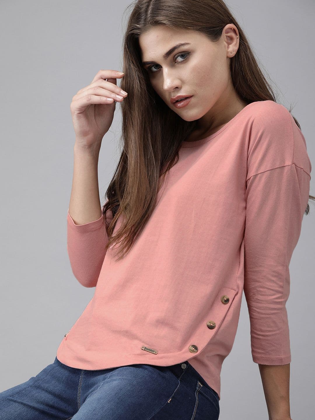 Roadster Women Pink Solid Pure Cotton Top with Button Details on Side - view 1