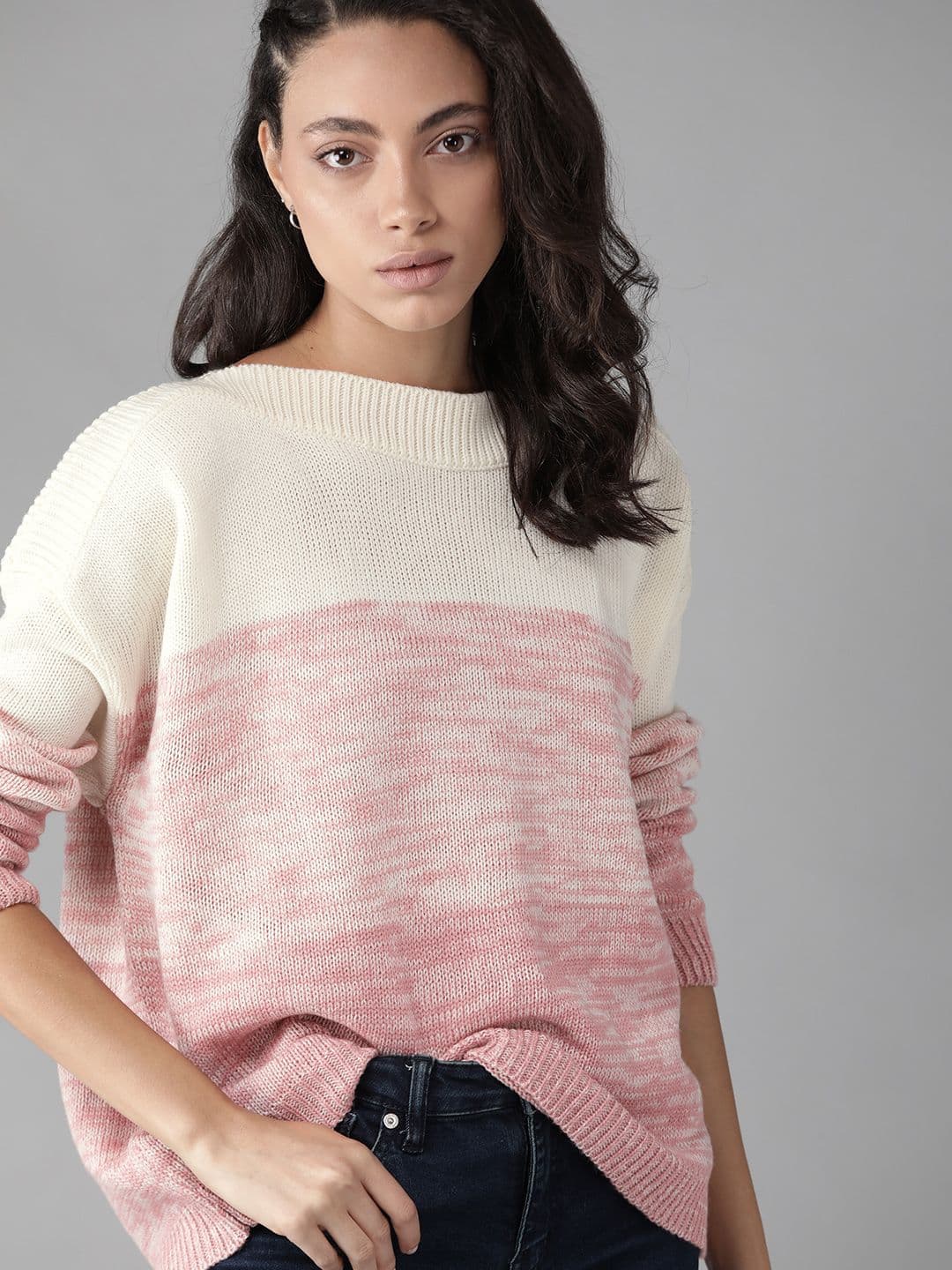 Roadster Women Off-White & Pink Self Design Pullover Sweater - view 1