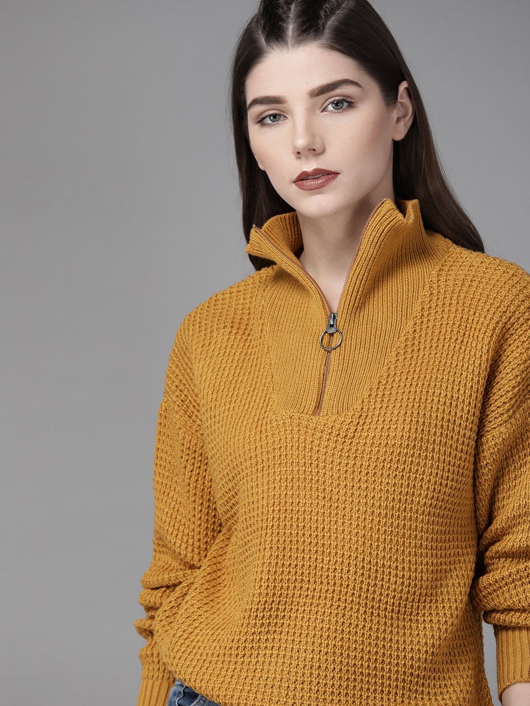 Roadster Women Mustard Yellow Self Design Sweater - view 1