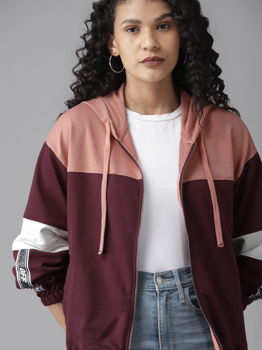 Roadster Women Burgundy & Pink Colourblocked Hooded Sweatshirt - view 1