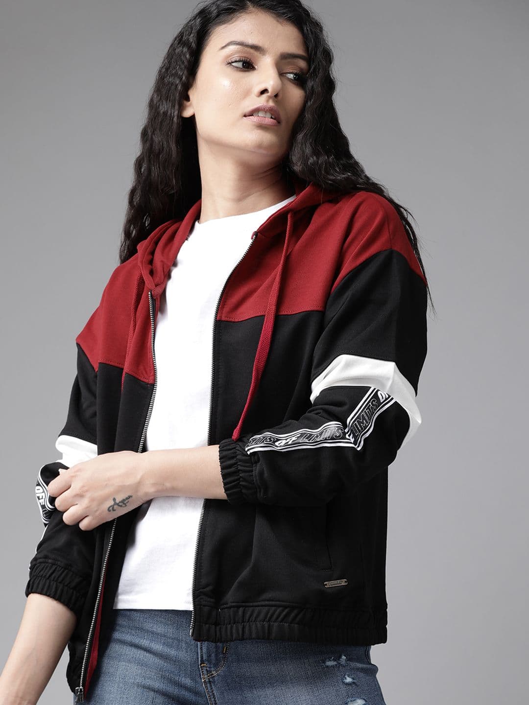Roadster Women Black & Maroon Colourblocked Hooded Sweatshirt - view 1