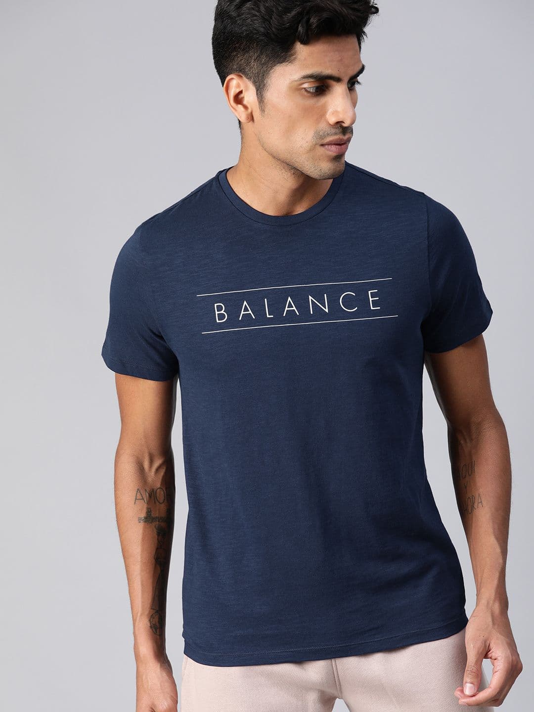 HRX by Hrithik Roshan Men Navy Blue Printed Bio-Wash Yoga Pure Cotton T-shirts - view 1
