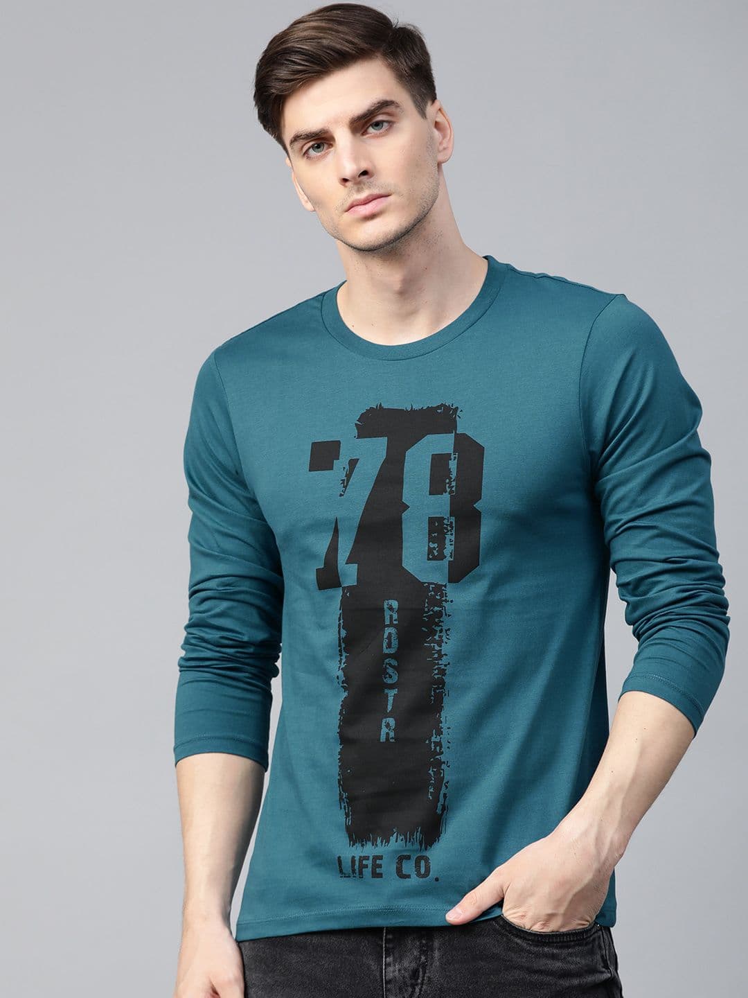 Roadster Men Teal Blue Printed Round Neck Cotton T-shirt - view 1