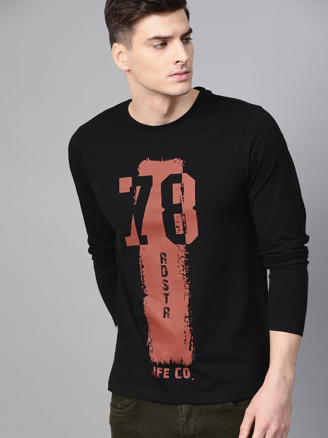Roadster Men Black Rust Brown Printed Round Neck Cotton T-shirt - view 1