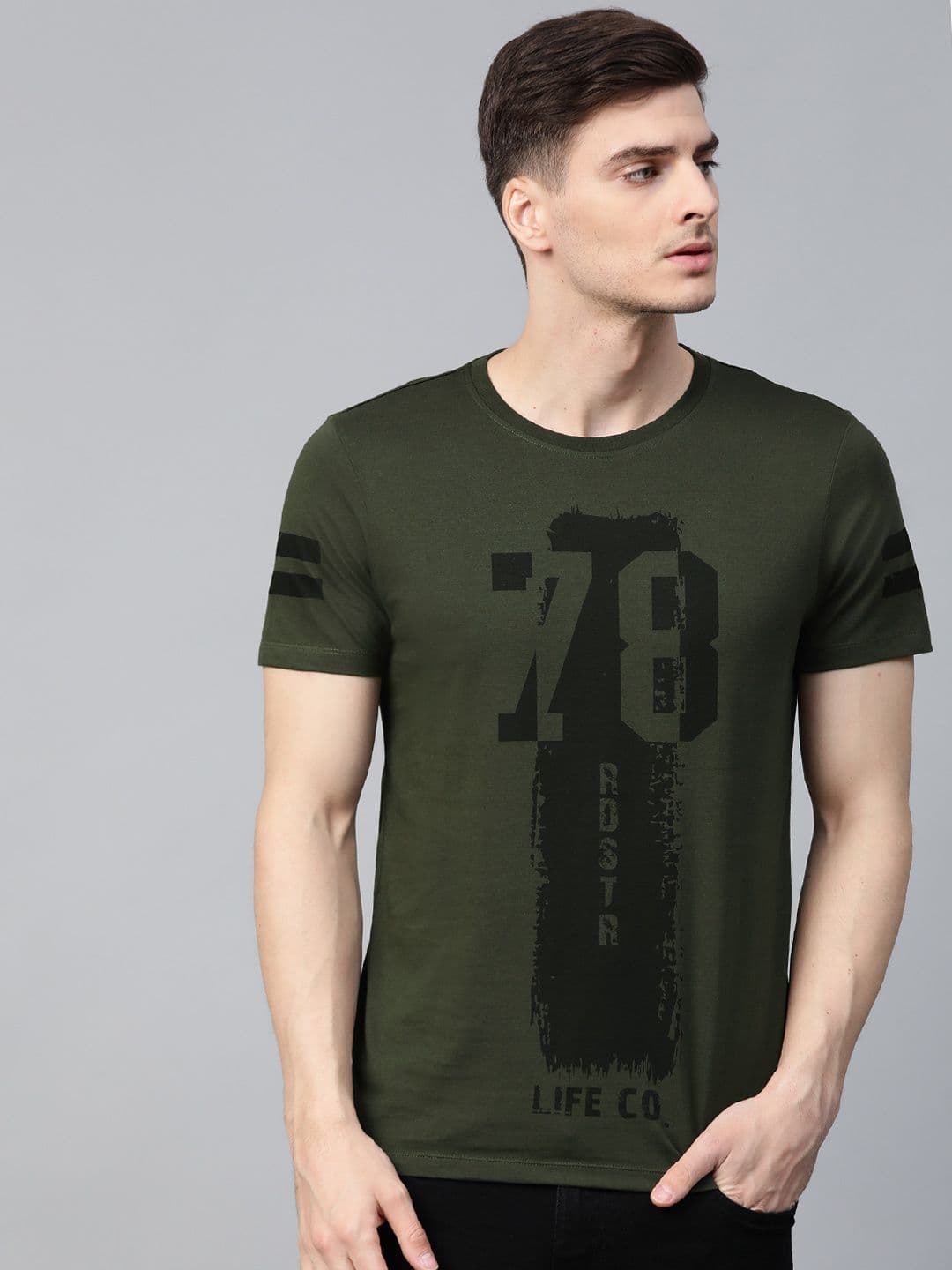 Roadster Men Olive Green Printed Round Neck Cotton T-shirt - view 1