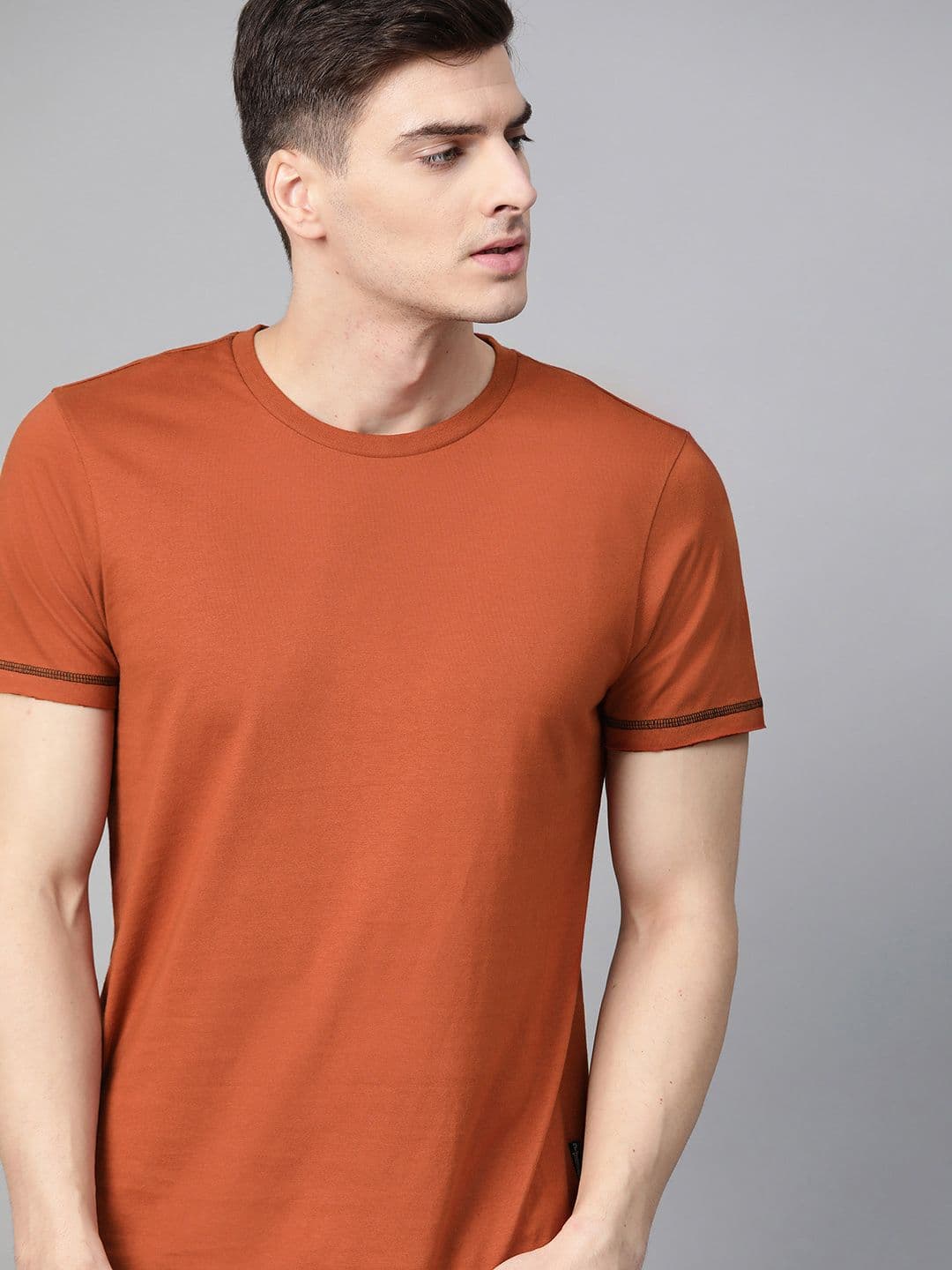 Roadster Men Rust Brown Solid Round Neck Cotton T-shirt - view 1