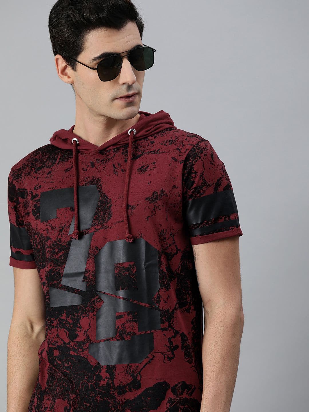 Roadster Men Maroon Black Abstract Printed Hood Pure Cotton T-shirt - view 1