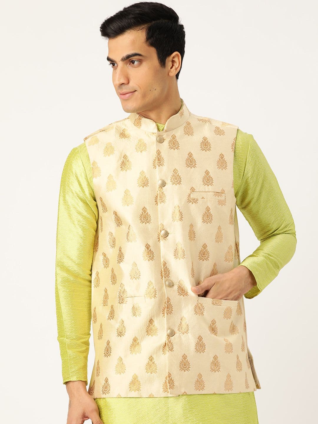SOJANYA Men Beige & Golden Woven Design Nehru Jacket - view 1