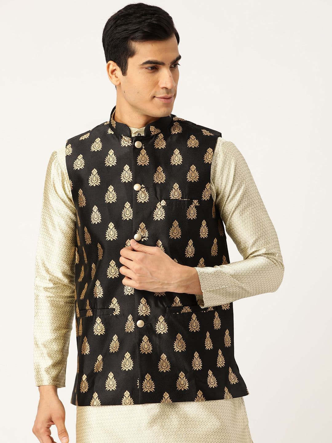 SOJANYA Men Black & Golden Woven Design Nehru Jacket - view 1