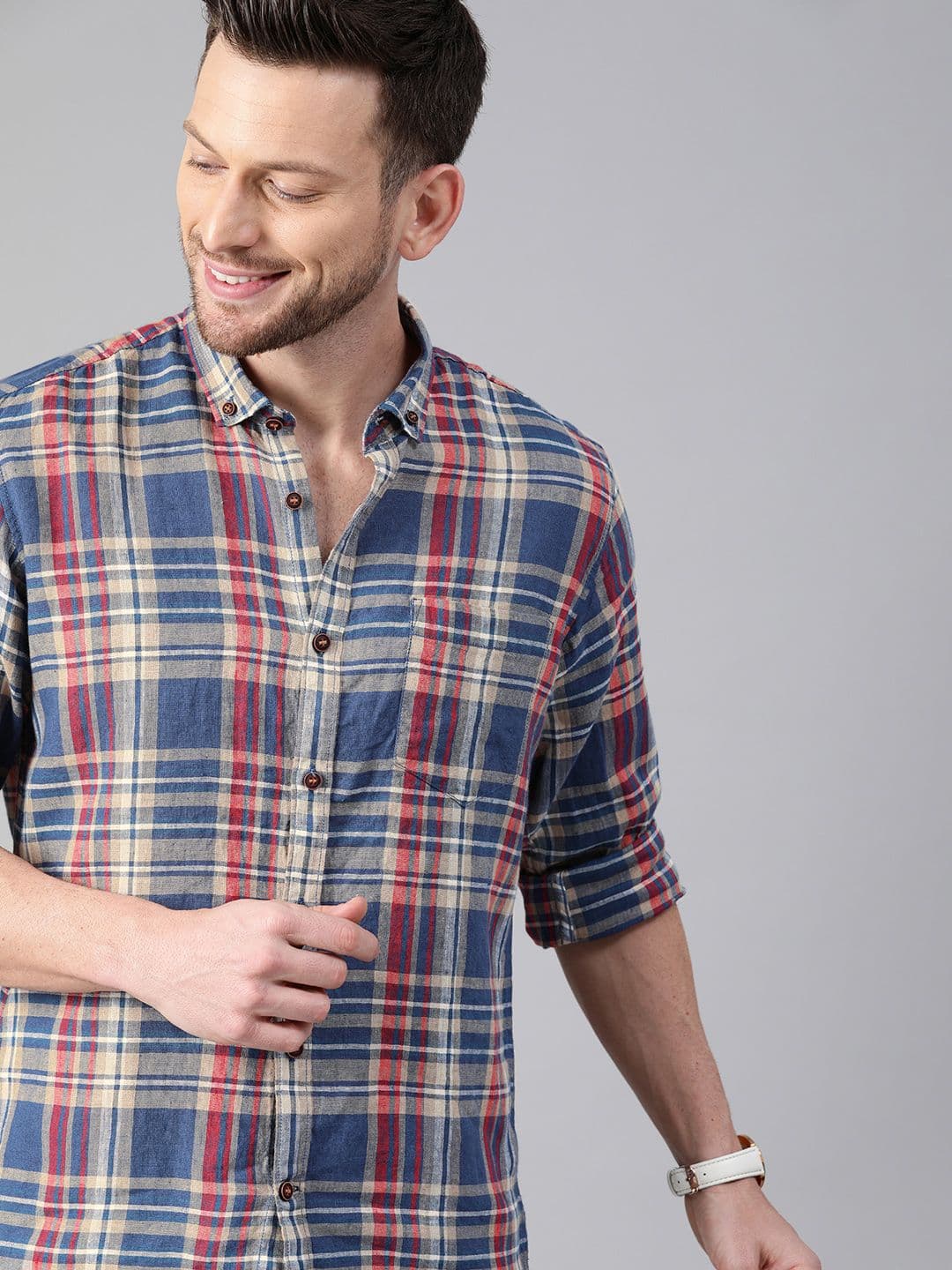 Mast & Harbour Checked Button-Down Collar Cotton Linen Casual Shirt - view 1