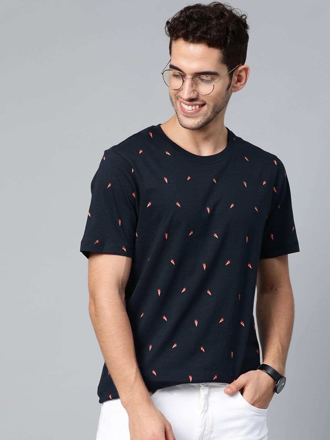 Mast & Harbour Men Navy Blue & Peach-Coloured Conversational Printed Cotton T-shirt - view 1