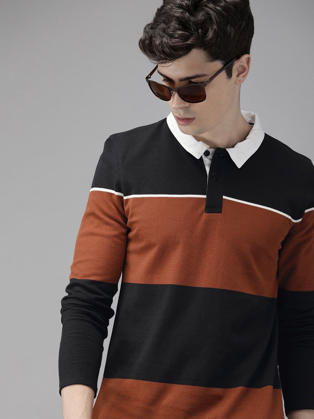 Roadster Men Black Brown Colourblocked Polo Collar Cotton T-shirt - view 1