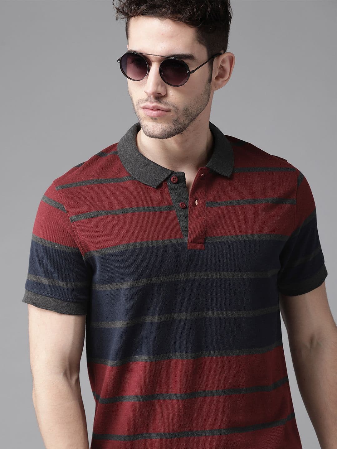 Roadster Men Maroon & Navy Blue Striped Polo Collar T-shirt - view 1