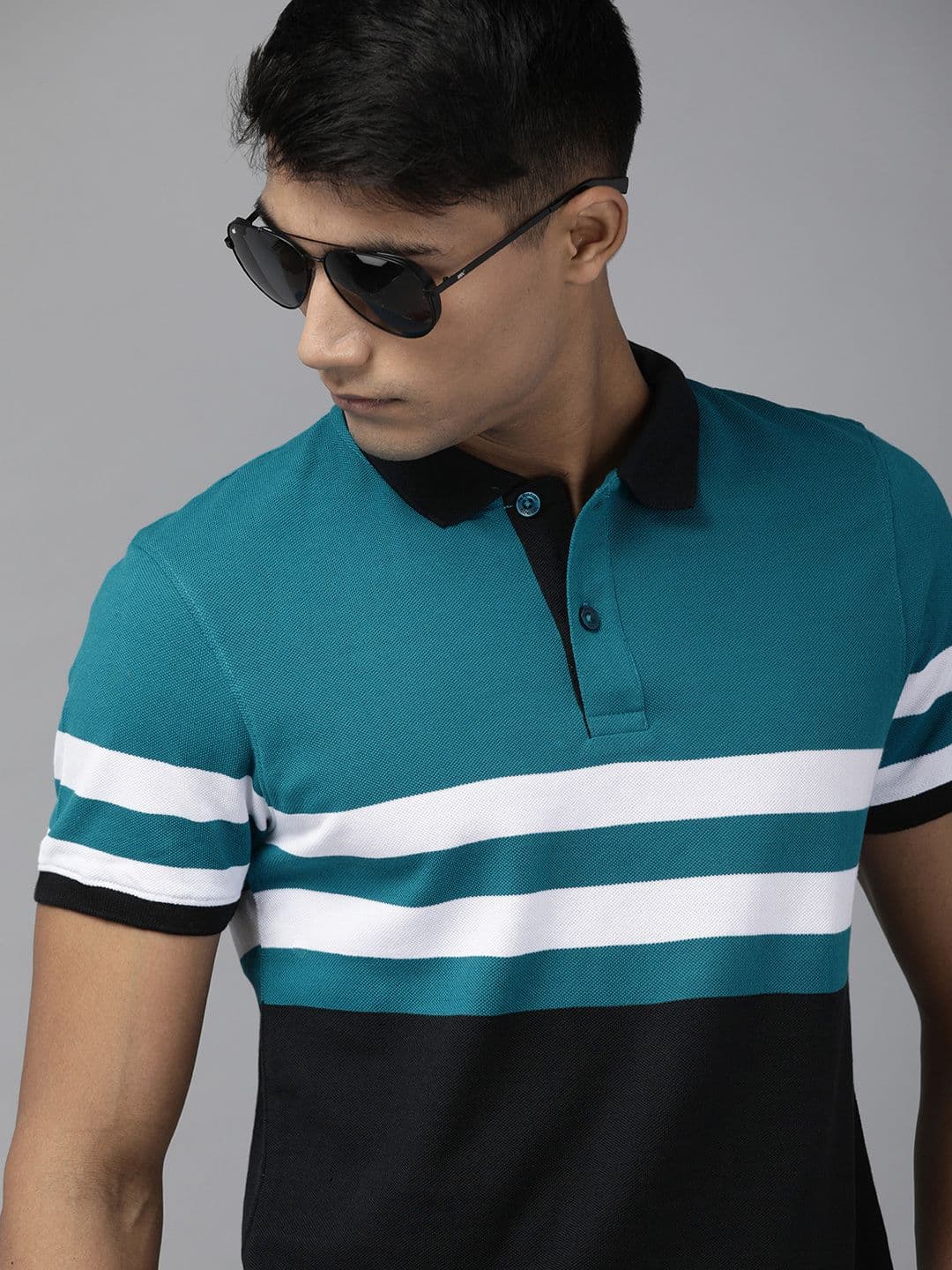 Roadster Men Blue & Black Colourblocked Polo Collar T-shirt - view 1