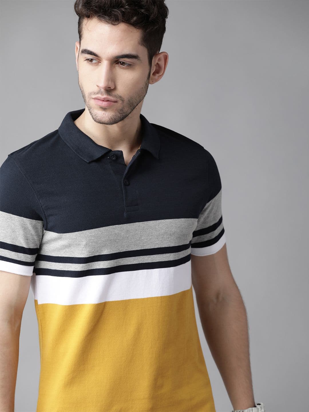 Roadster Men Mustard Yellow & Navy Striped Polo Collar T-shirt - view 1