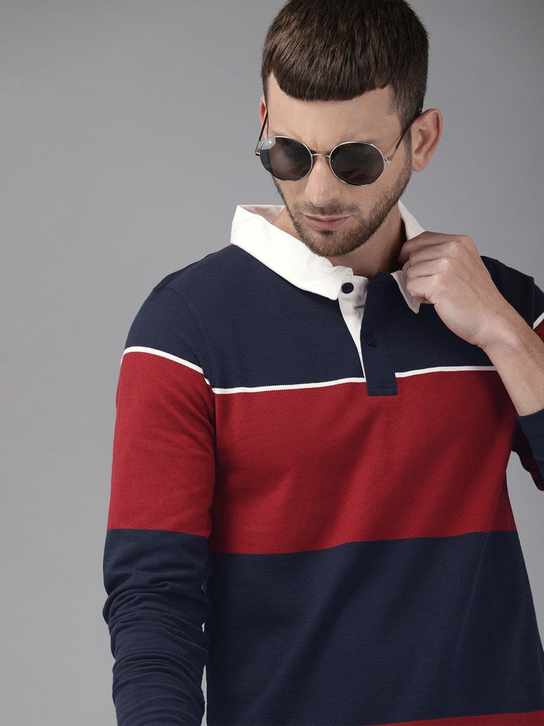 Roadster Men Navy Blue Red Colourblocked Polo Collar Pure Cotton T-shirt - view 1