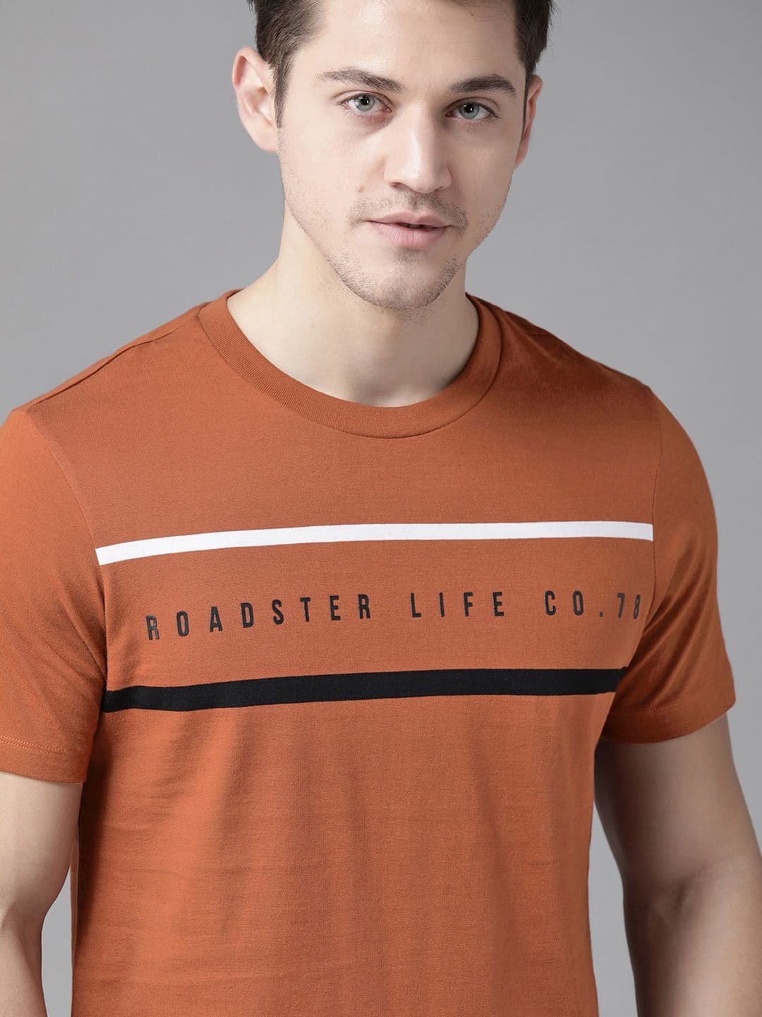 Roadster Men Rust Orange Pure Cotton Striped Round Neck Pure Cotton T-shirt - view 1