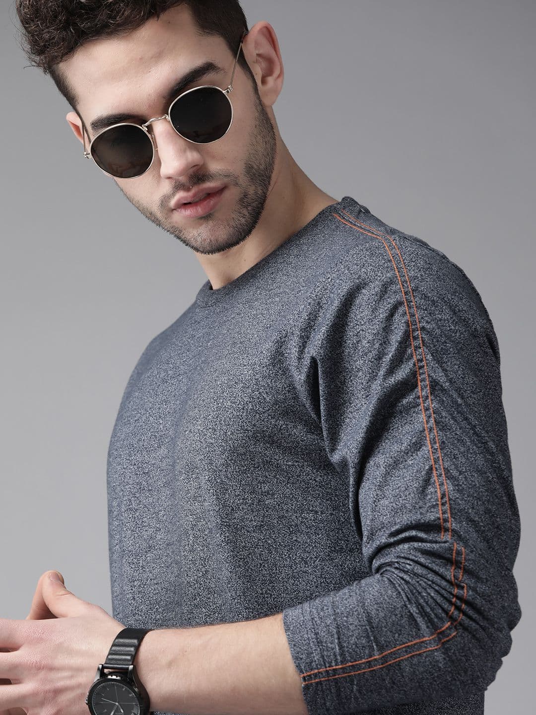 Roadster Men Navy Blue Self-Design Round Neck T-shirt - view 1