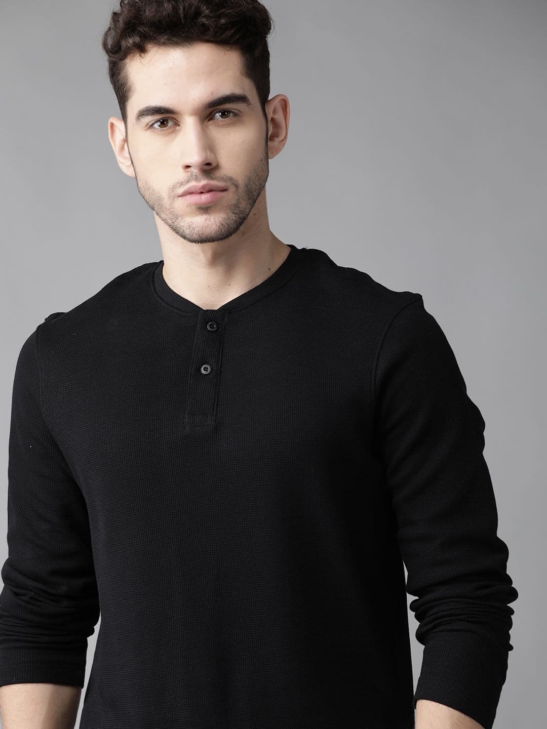 Roadster Men Black Self Design Henley Neck T-shirt - view 1