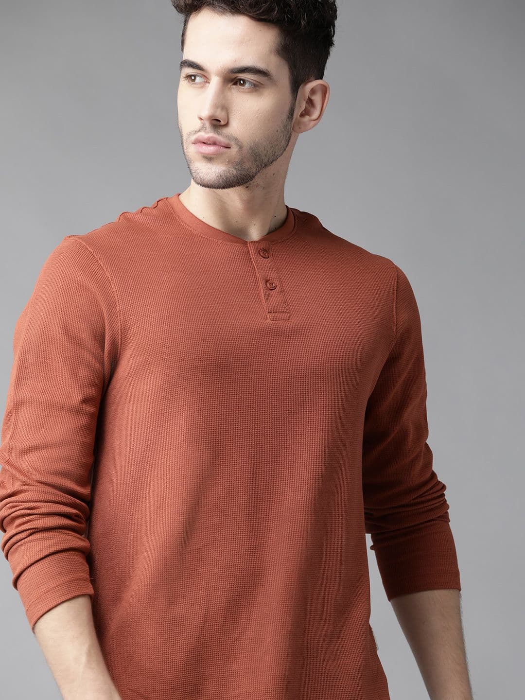 Roadster Men Rust Orange Self Design Henley Neck T-shirt - view 1