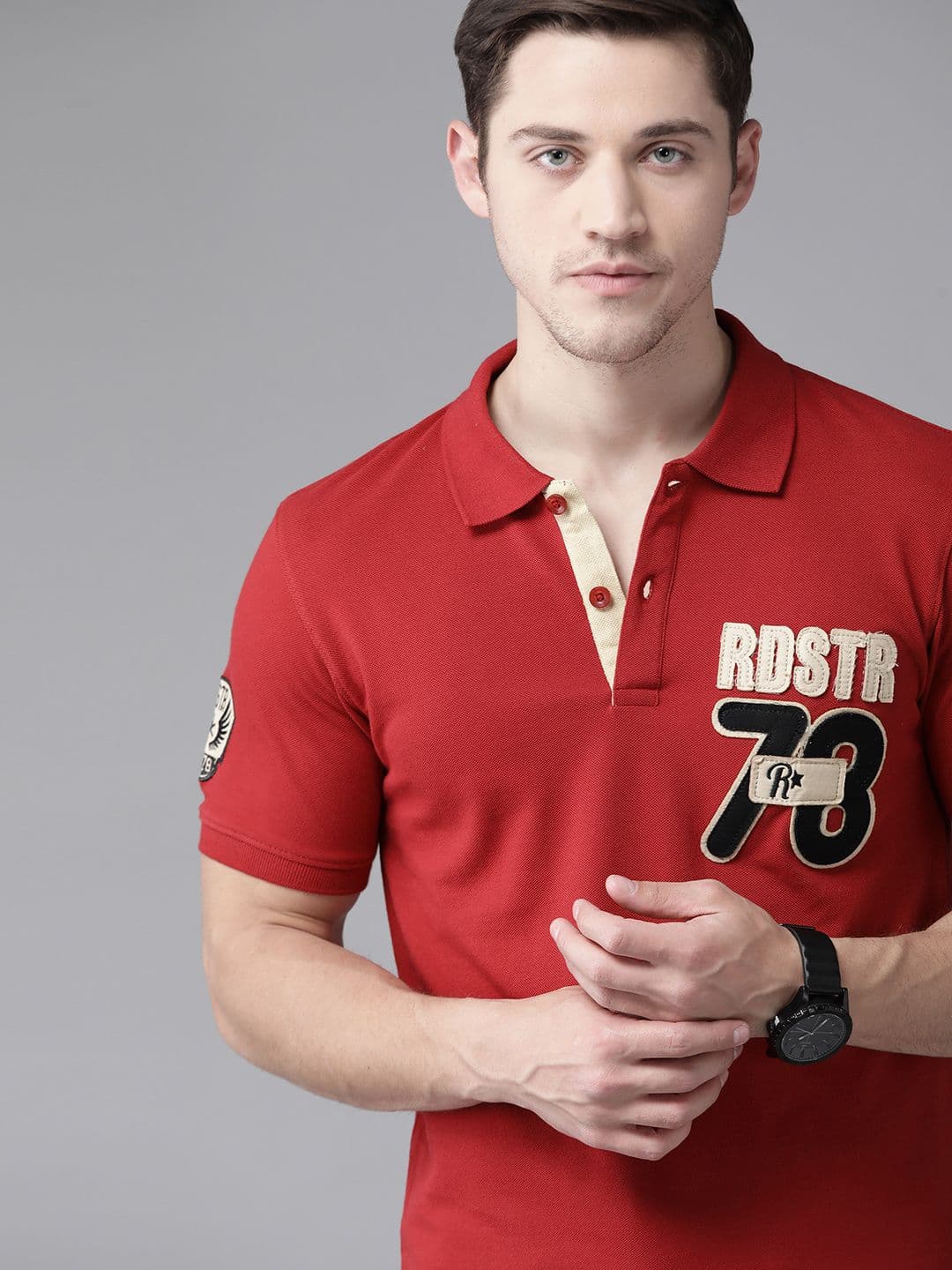 Roadster Men Red Solid Cotton Polo Collar T-shirt - view 1