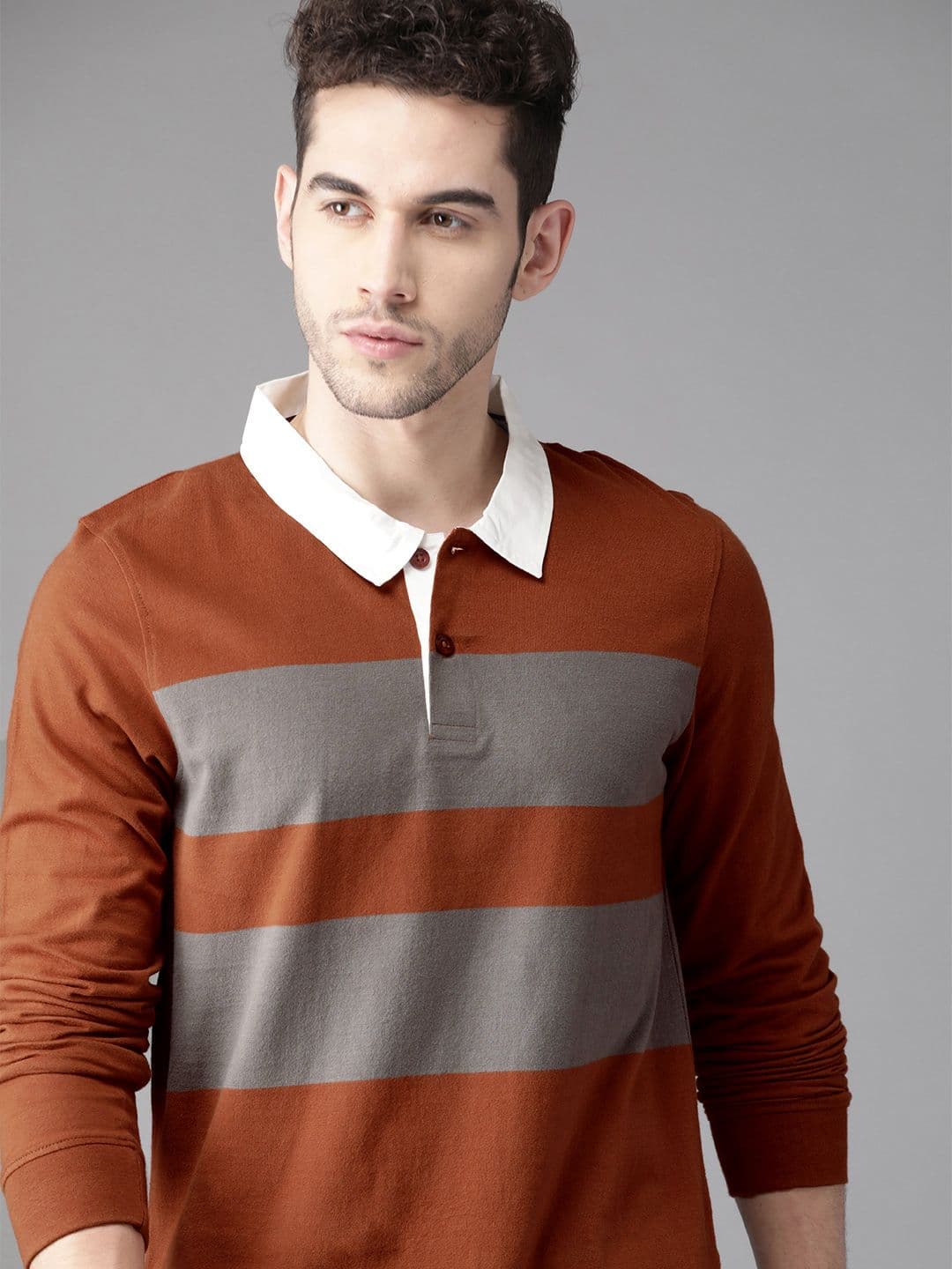 Roadster Men Rust Orange & Grey Striped Polo Collar T-shirt - view 1