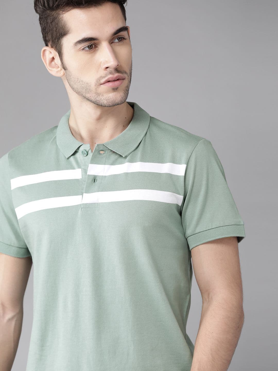 Roadster Men Green And White Polo Collar T-Shirt With Printed Stripes - view 1