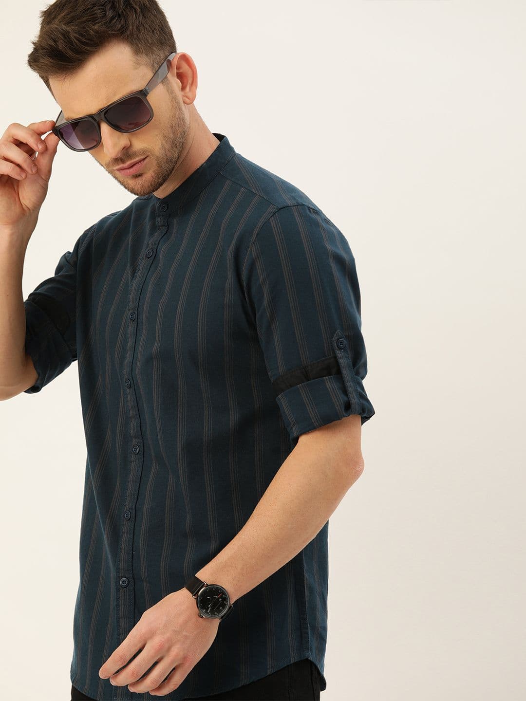 Moda Rapido Men Teal Blue & Grey Slim Fit Striped Casual Shirt - view 1
