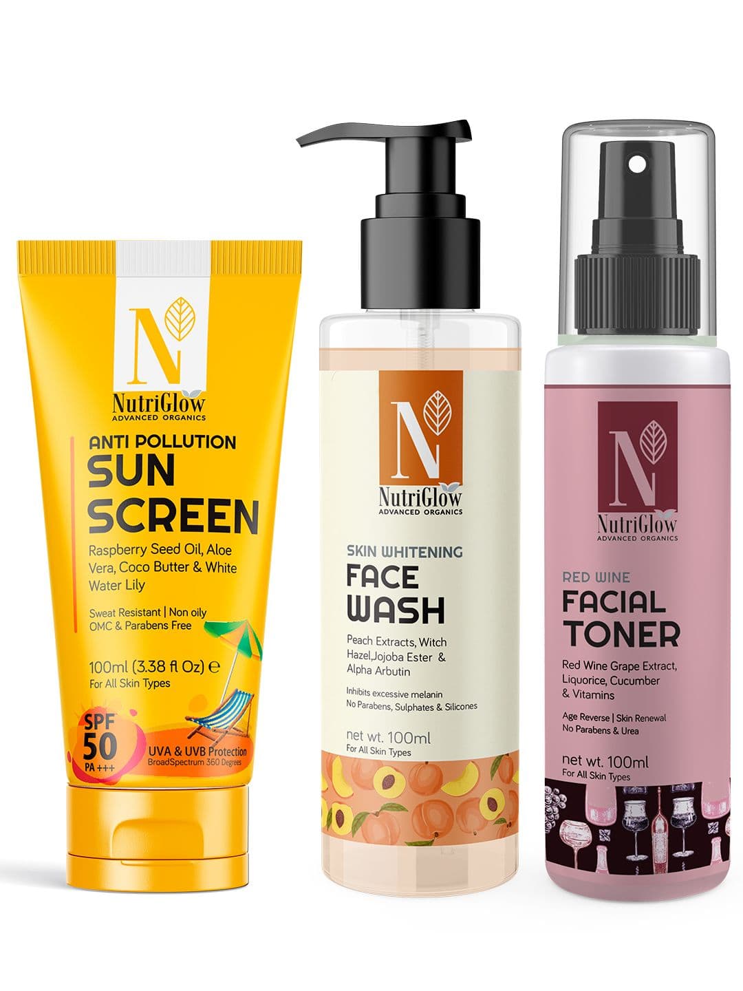 NutriGlow Skin Whitening Face Wash,Red Wine Toner & Sunscreen-100ml Each - view 1