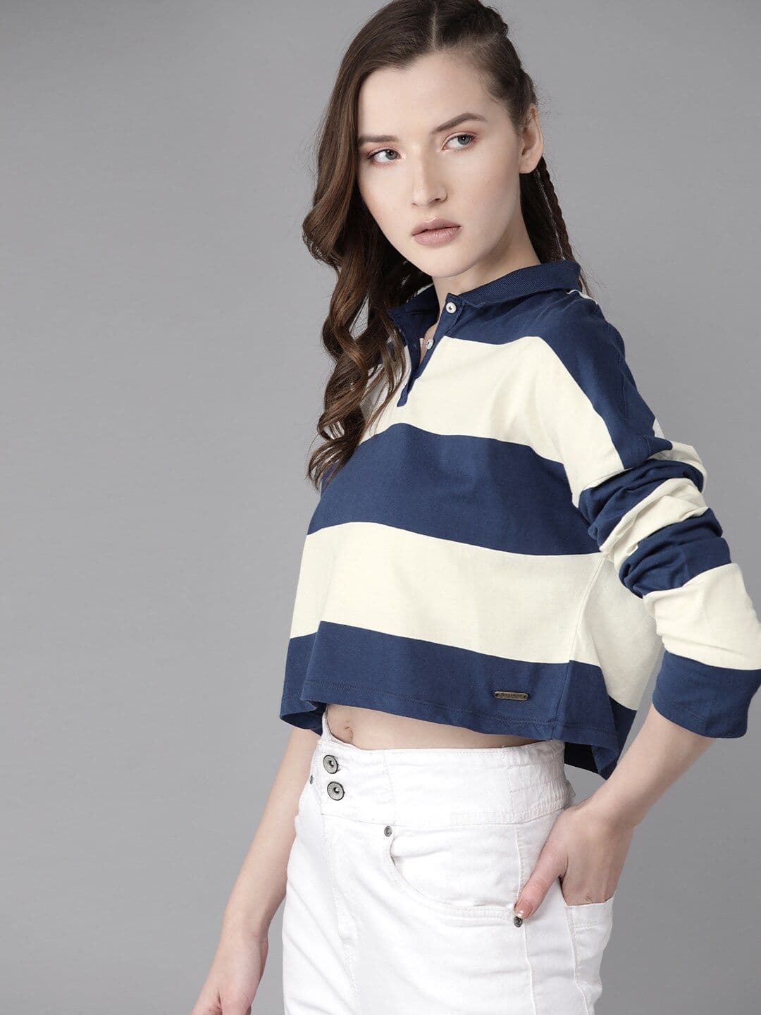 Roadster Women White & Navy Blue Antiviral Protective Finish Striped Cropped Polo Collar T-shirt - view 1