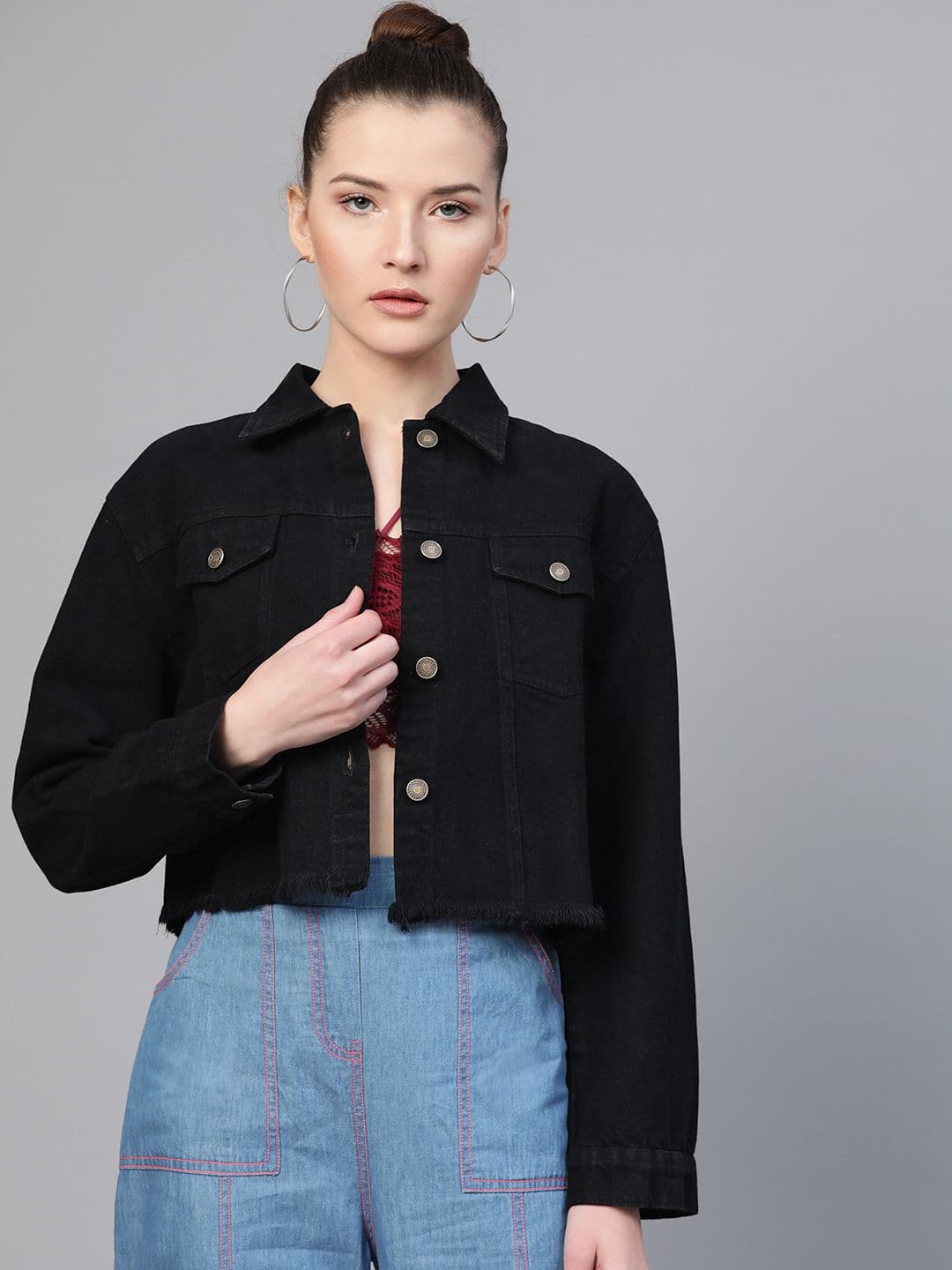 SASSAFRAS Women Black Solid Fringed Hem Denim Jacket - view 1