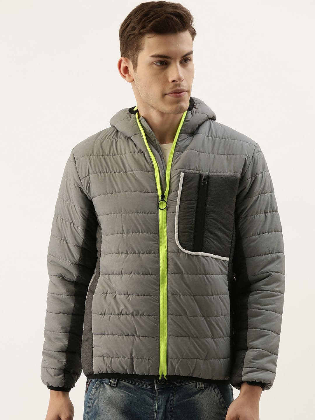 CAHOOT Men Grey Solid Windcheater Padded Jacket with Pocket Detail - view 1