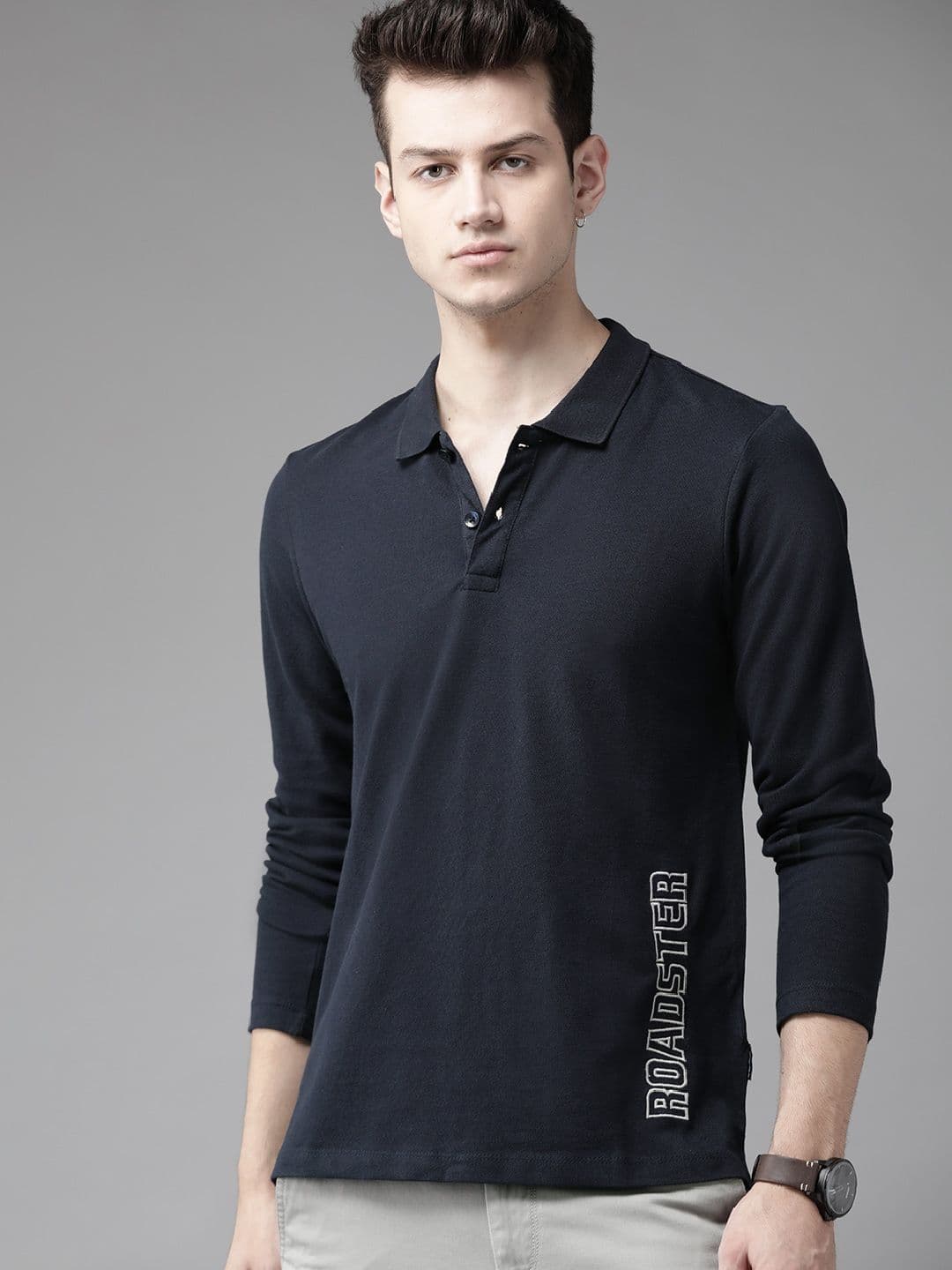 Roadster Men Navy Blue Solid Polo Collar Cotton T-shirt - view 1