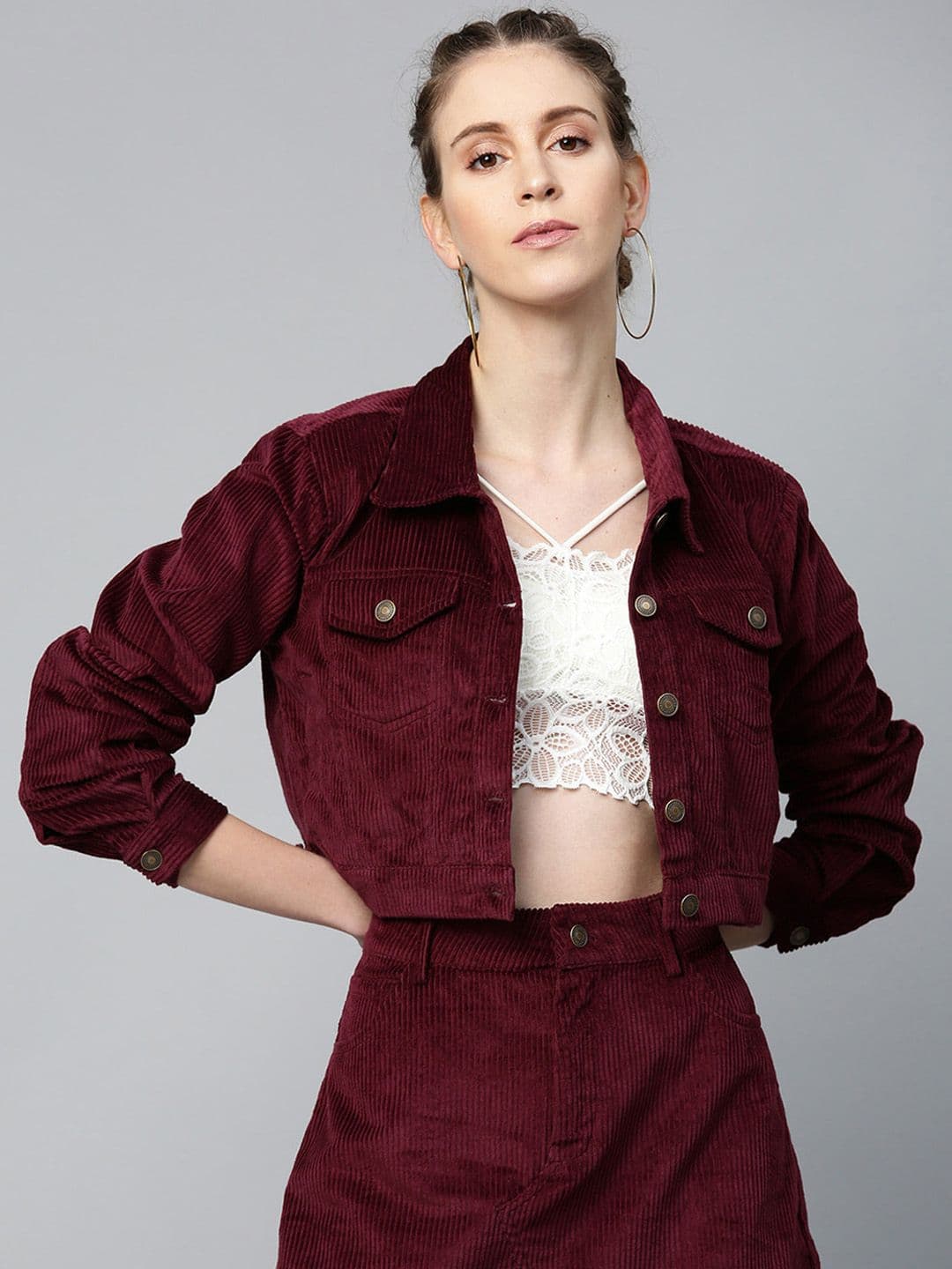 SASSAFRAS Women Self-Striped Corduroy Crop Tailored Jacket - view 1