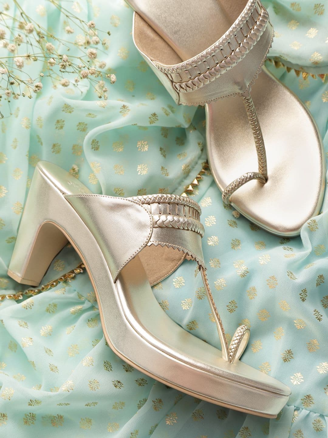 House of Pataudi Women Muted Gold-Toned Braided Handcrafted One Toe Heels - view 1