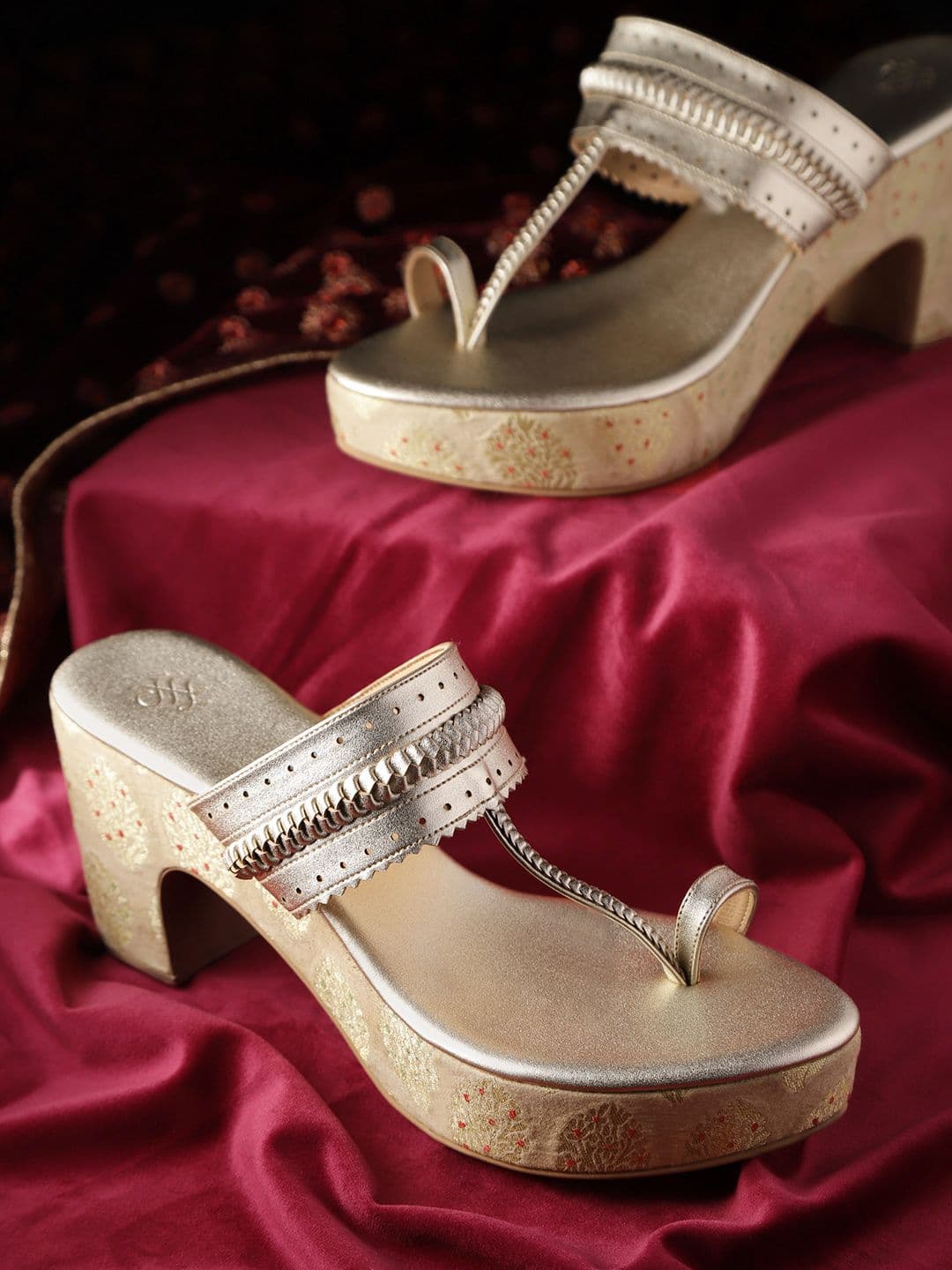House of Pataudi Women Gold-Toned Braided Detail Handcrafted One-Toe Block Heels - view 1