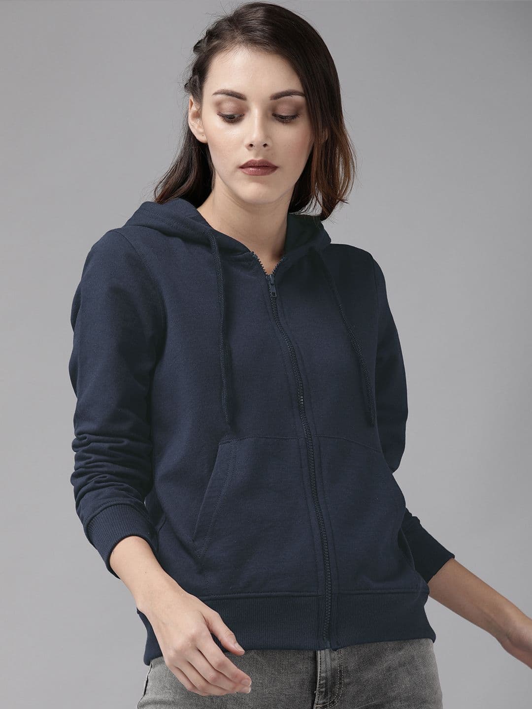 Roadster Women Navy Blue Solid Hooded Front-Open Green Turn Sweatshirt - view 1