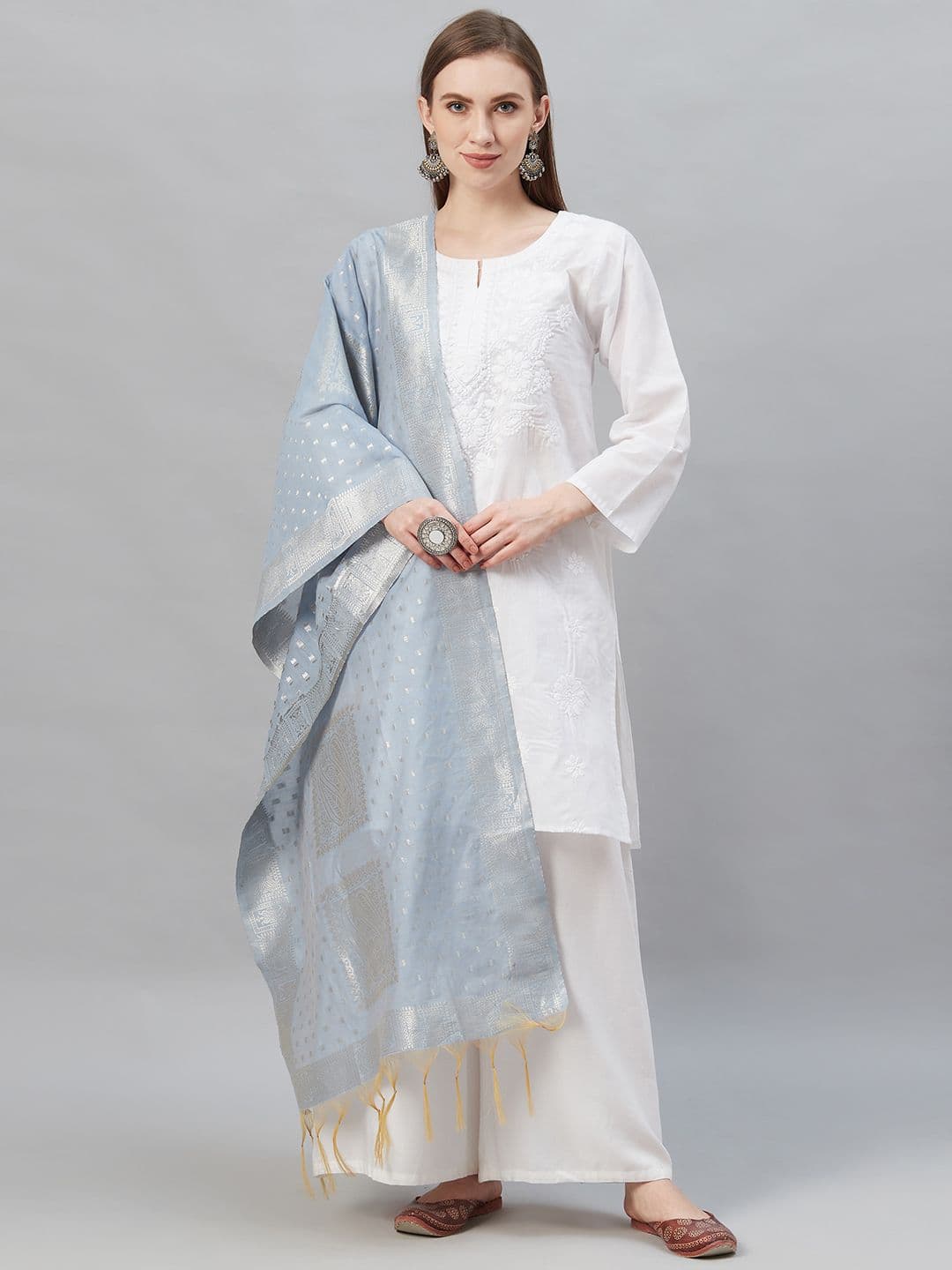 Indo Era Women Blue & Silver Woven Design Tasselled Dupatta - view 1