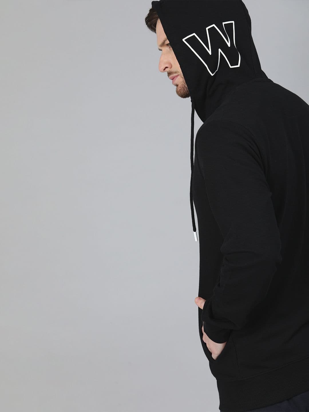 WROGN Men Black Solid Slim Fit Hooded Front-Open Sweatshirt - view 1