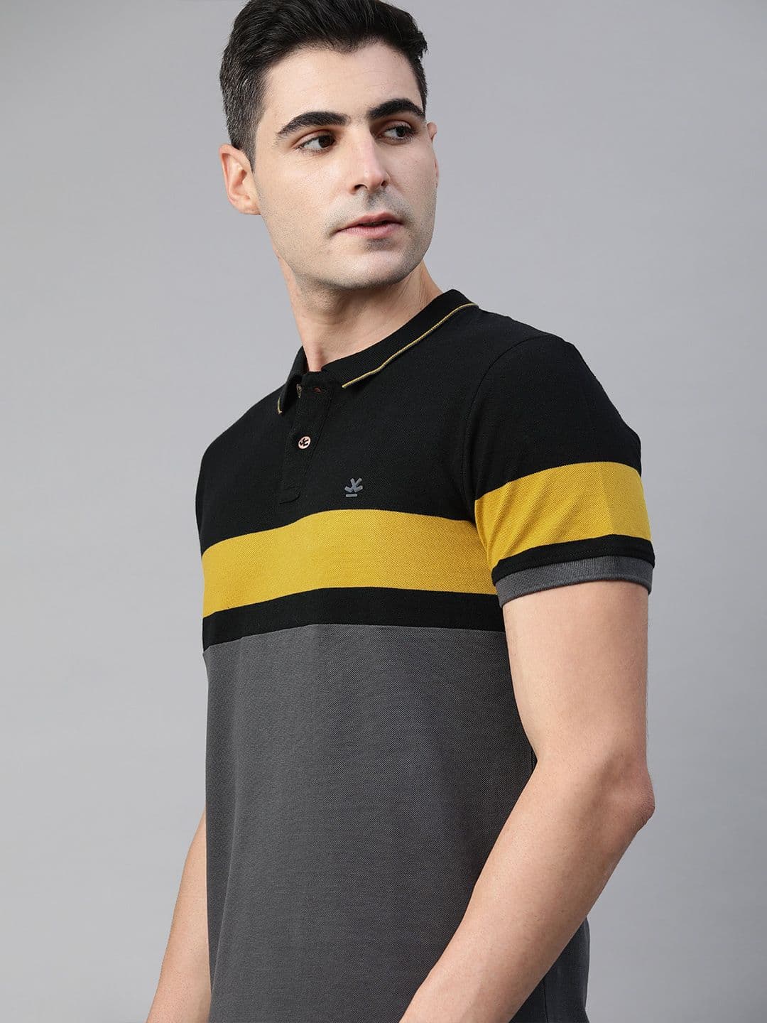 WROGN Men Charcoal Grey Black Slim Fit Colourblocked Polo Collar Cotton T-shirt - view 1