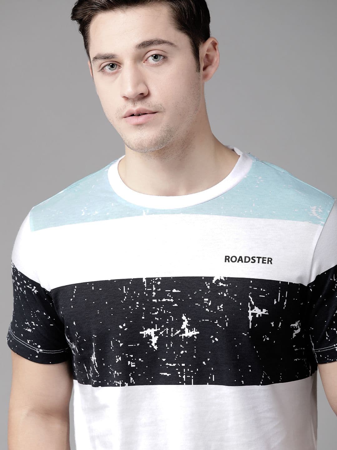 Roadster Men White & Black Pure Cotton Striped Round Neck T-shirt - view 1