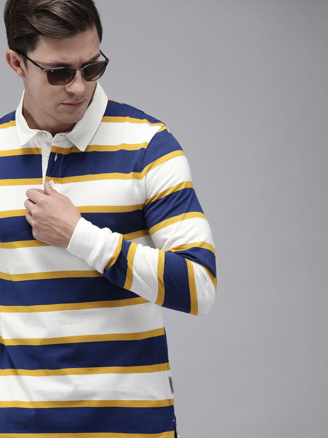 Roadster Men White Striped Polo Collar Cotton T-shirt - view 1