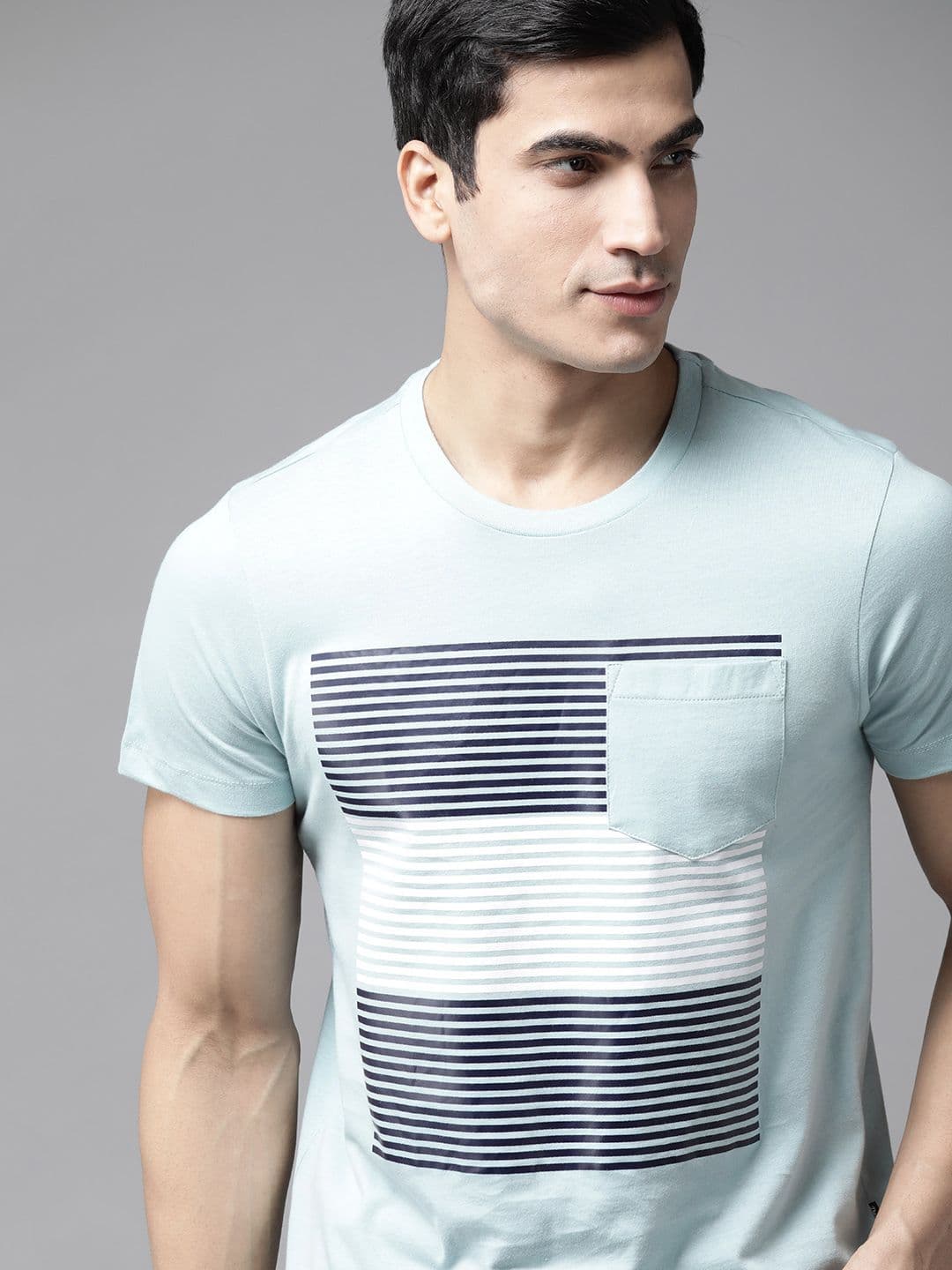 Roadster Men Blue & White Pure Cotton Striped Round Neck T-shirt - view 1